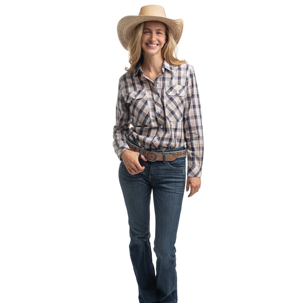 Just Country Womens Abbey Full Button L/S Print Shirt (WWLS2657) Tan/Navy/White Plaid