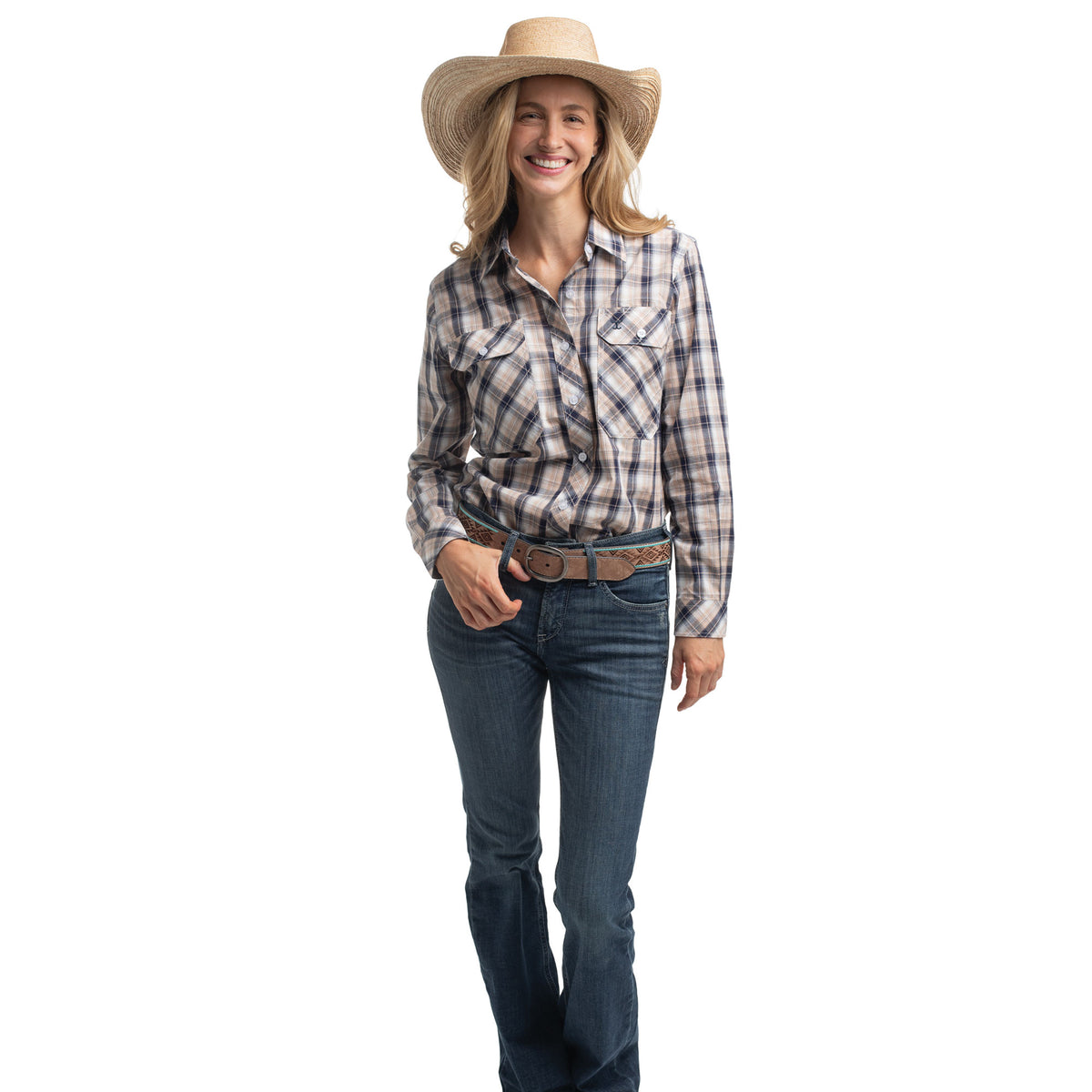 Just Country Womens Abbey Full Button L/S Print Shirt (WWLS2657) Tan/Navy/White Plaid