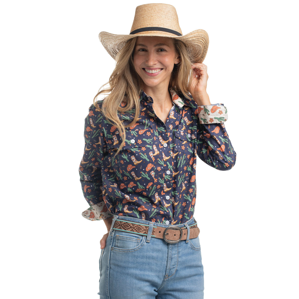 Just Country Womens Abbey Full Button L/S Print Shirt (WWLS2658) Navy Western Boots