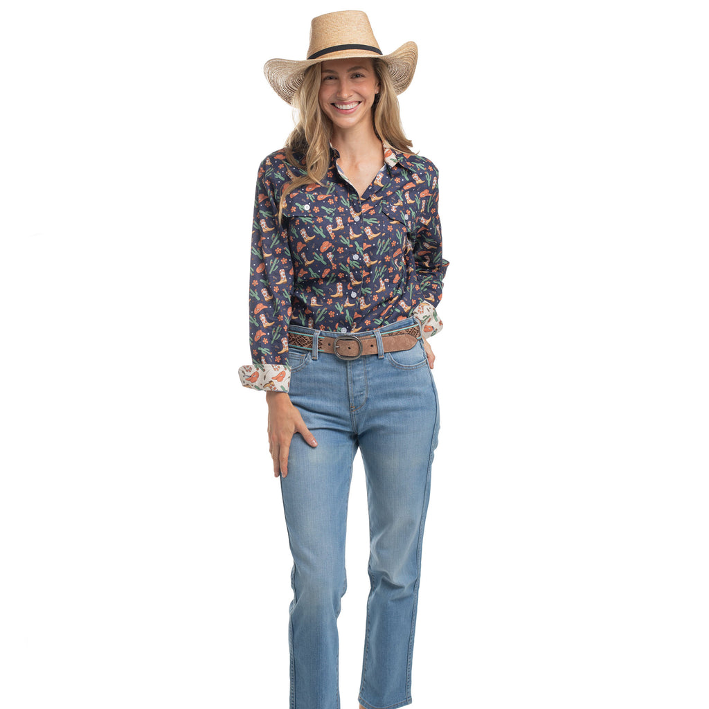 Just Country Womens Abbey Full Button L/S Print Shirt (WWLS2658) Navy Western Boots