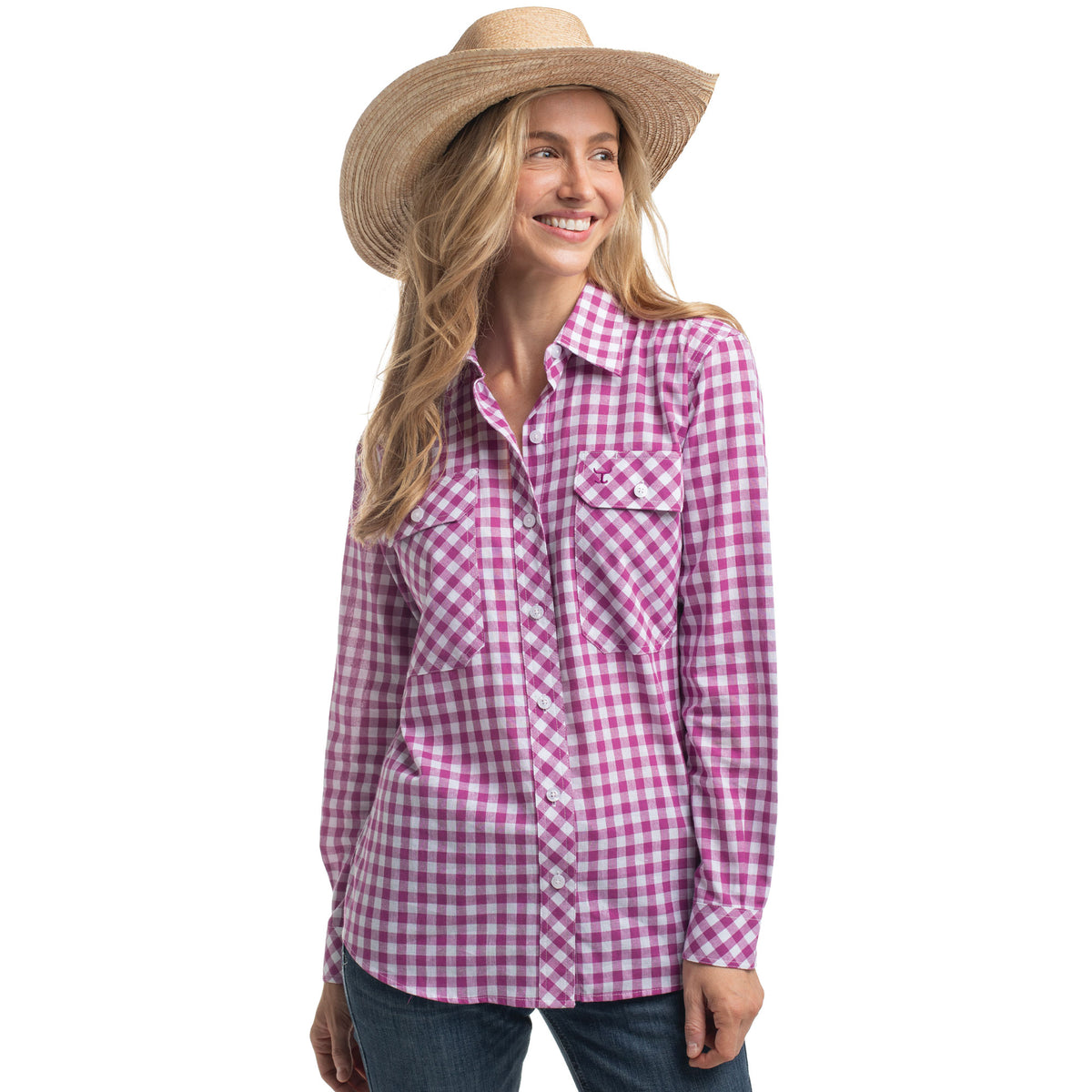 Just Country Womens Abbey Full Button L/S Print Shirt (WWLS2665) Magenta & White Check