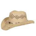 The Just Country Womens Cowboy Hat (LU333NAT) in natural features a beige straw design with a wide brim, decorative cutouts, and a beaded band with metal accents.