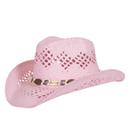 The Just Country Womens Cowboy Hat (LU333PNK) in pink features a light pink woven design with decorative cut-out patterns and a beaded band with white and brown accents around the crown base.