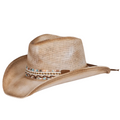 The Just Country Womens Cowboy Hat (LU365TAN) in tan features a curved brim and is decorated with a band of white shells and turquoise beads.