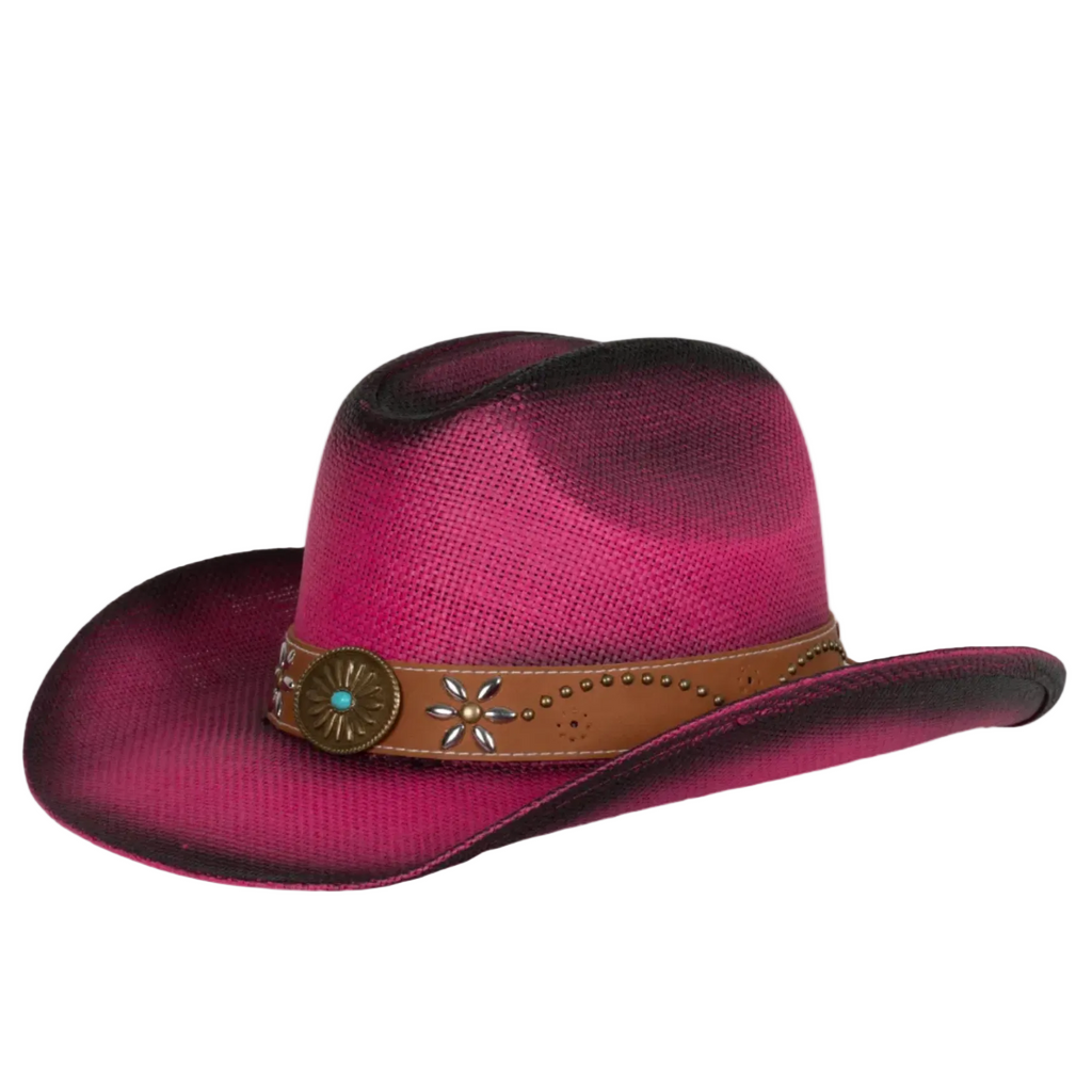 The Just Country Womens Cowboy Hat (LU392FUC) Fuchsia features a pink and black woven design, a wide brim, and a brown leather band with metal studs, silver star accents, and a turquoise-centered concho.