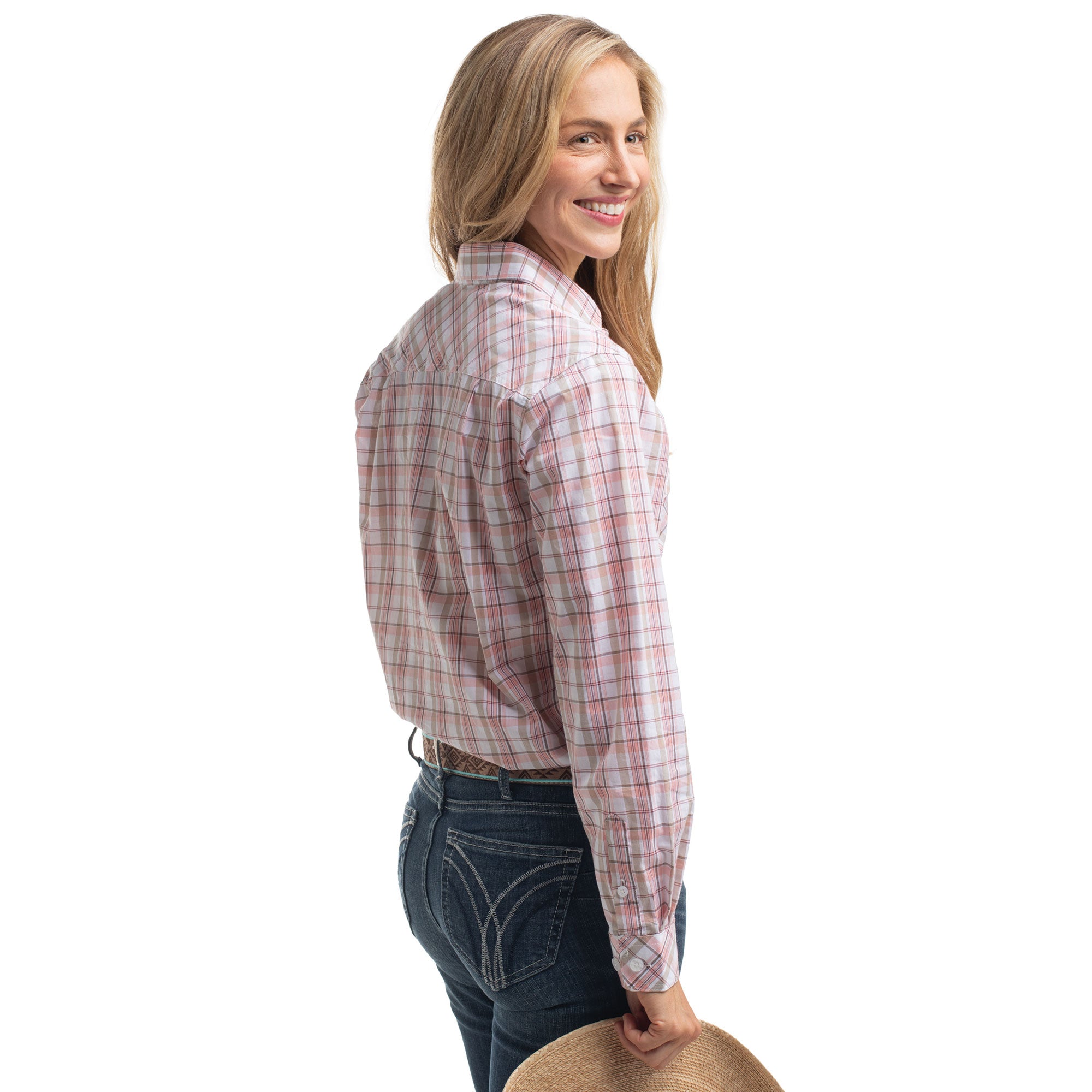 Just Country Womens Georgie Half Button L/S Print Shirt (WWLS2661) White/Tan/Baby Pink Plaid