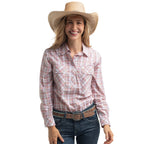 Just Country Womens Georgie Half Button L/S Print Shirt (WWLS2661) White/Tan/Baby Pink Plaid