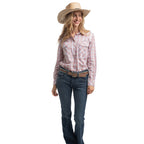 Just Country Womens Georgie Half Button L/S Print Shirt (WWLS2661) White/Tan/Baby Pink Plaid