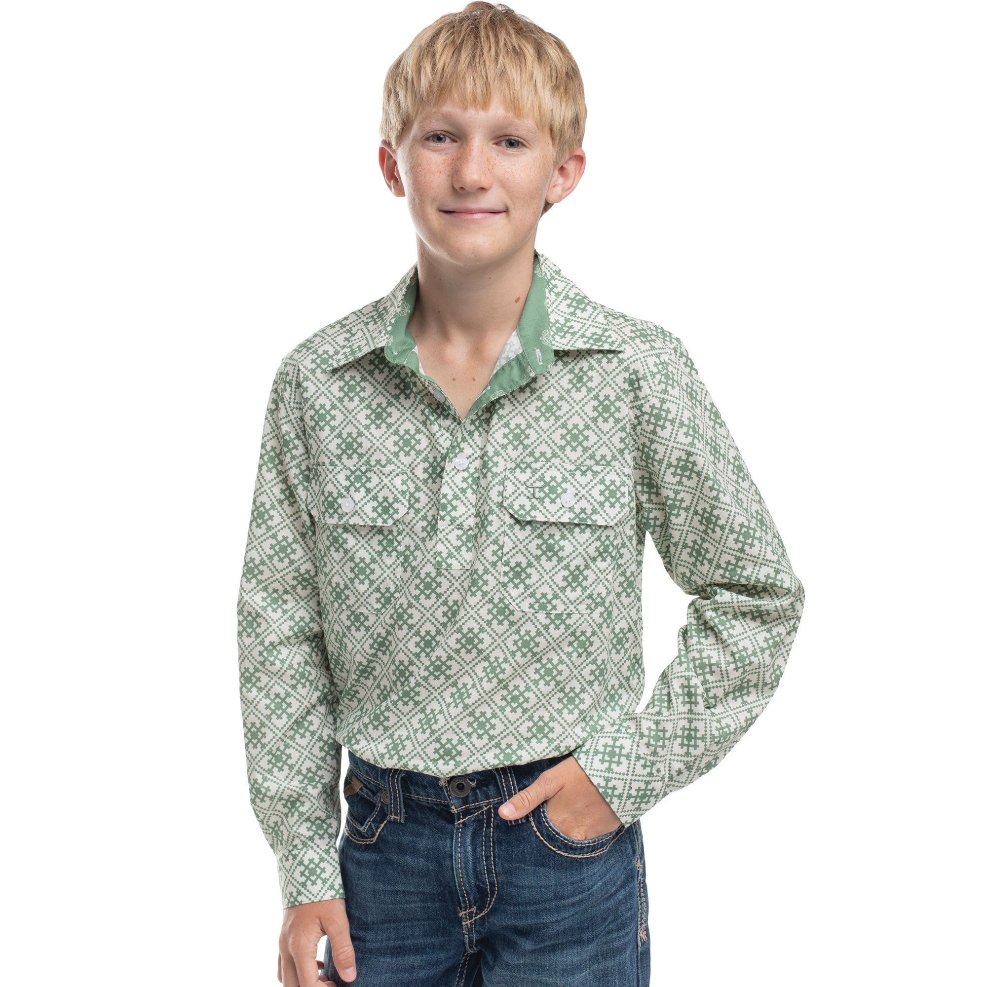 Just Country Boys Brayden Half Button L/S Print Shirt (BWLS2639) Eucalyptus & White Print