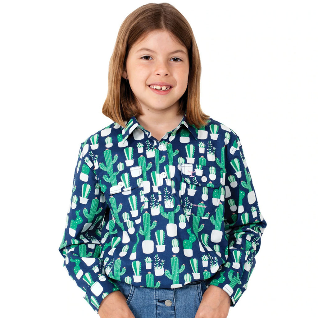 Just Country Girls Harper Half Button Print Shirt (GWLS2148) Navy/Green Cactus