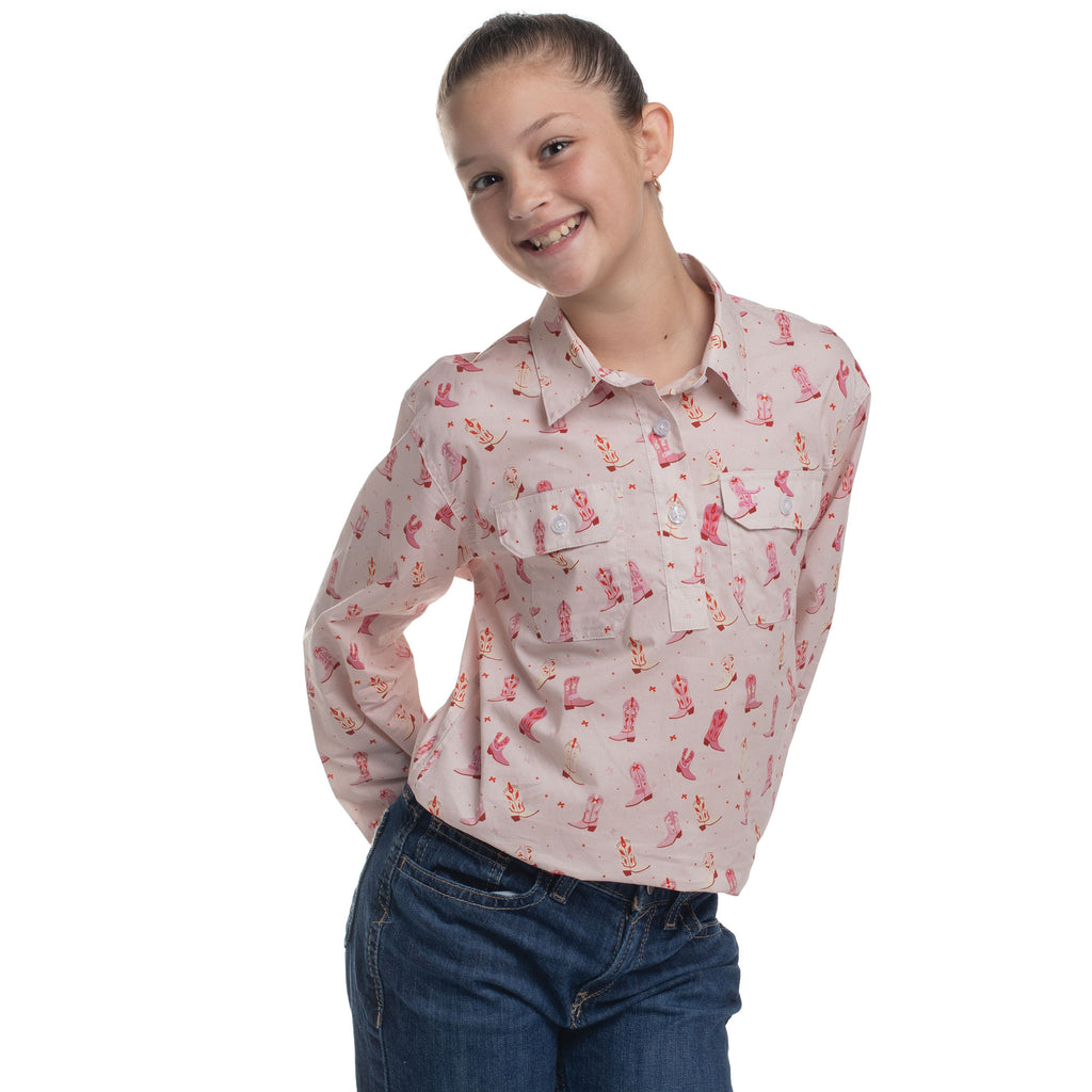 Just Country Girls Harper Half Button L/S Print Shirt (GWLS2644) Baby Pink Boots