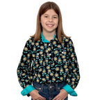 Just Country Girls Harper Half Button Print Shirt (GWLS2272) Black Sunflowers  [SD]