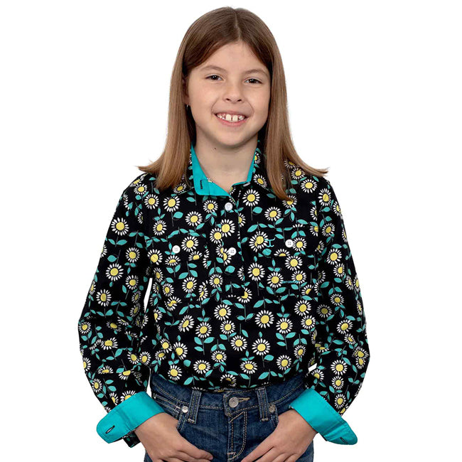 Just Country Girls Harper Half Button Print Shirt (GWLS2272) Black Sunflowers  [SD]