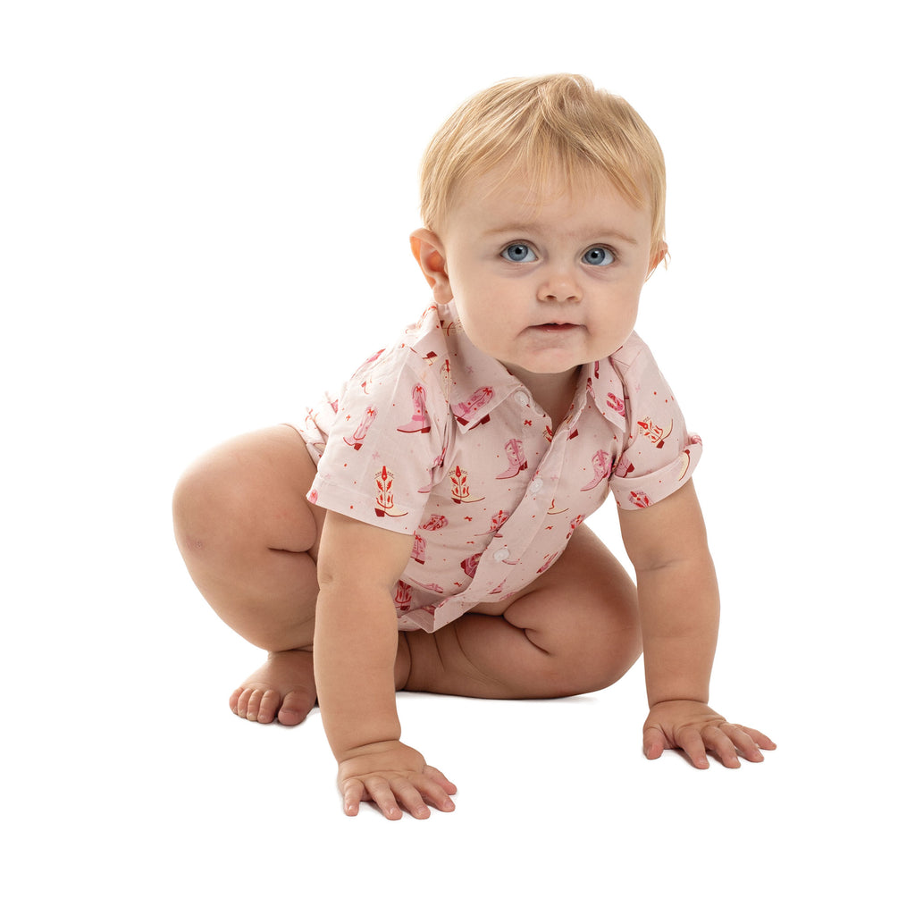 Just Country Infants Frankie Full Button S/S Jumpsuit (IWSS2644) Baby Pink Boots