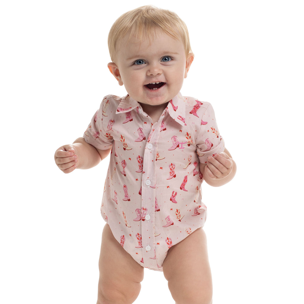 Just Country Infants Frankie Full Button S/S Jumpsuit (IWSS2644) Baby Pink Boots