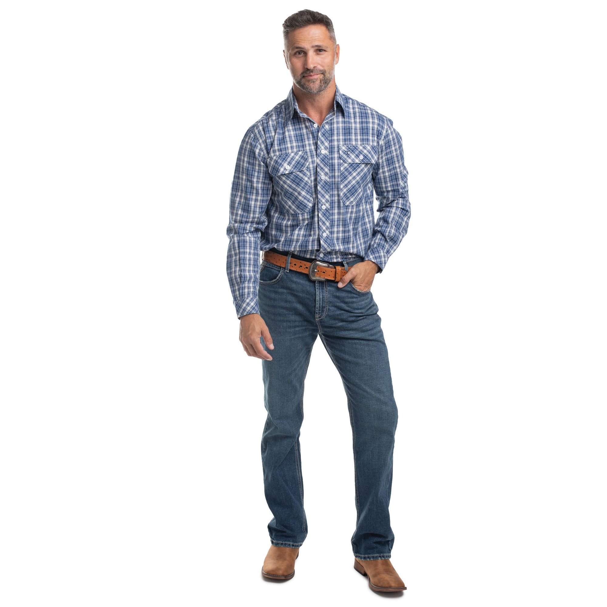 Just Country Mens Austin Full Button L/S Print Shirt (MWLS2668) Royal Blue/White Plaid
