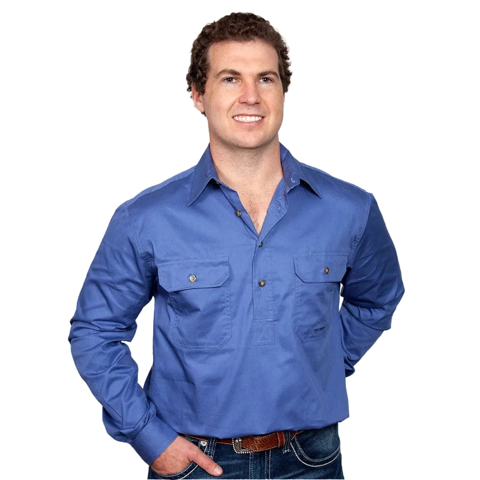 Just Country Mens Cameron Half Button Work Shirt (10101) Blue