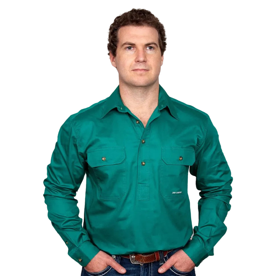 Just Country Mens Cameron Half Button Work Shirt (10101) Dark Green