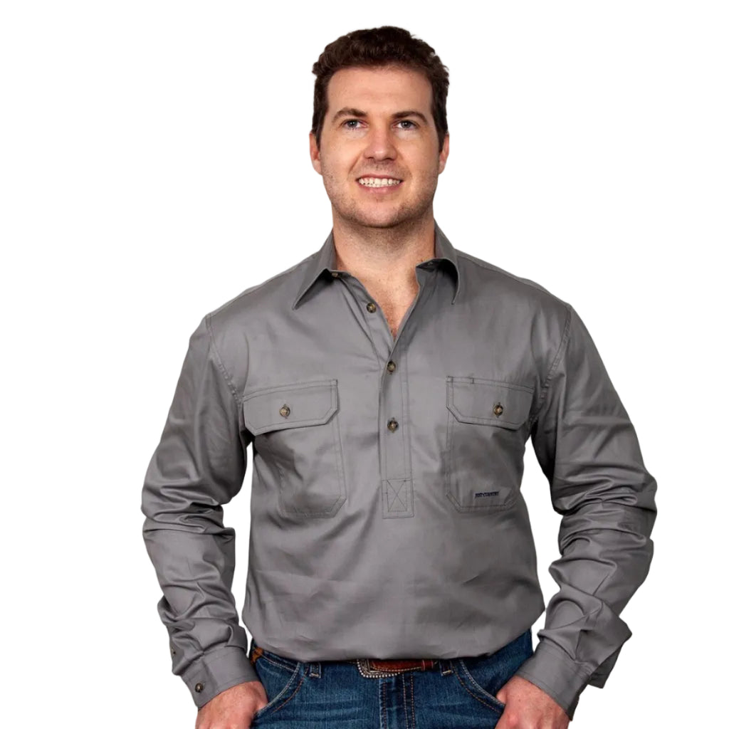 Just Country Mens Cameron Half Button Work Shirt (10101) Steel Grey