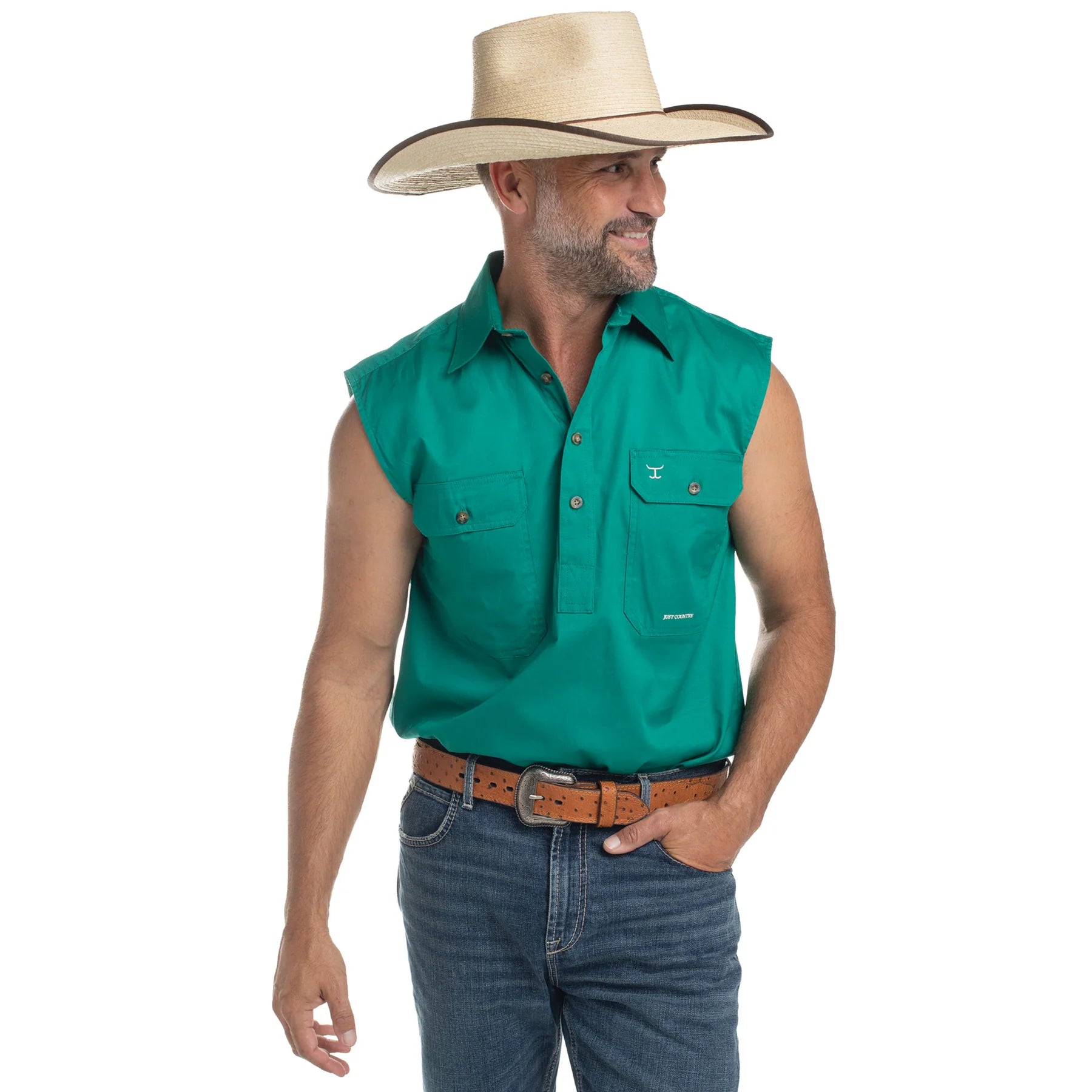 Just Country Mens Jack Sleeveless Half Button Work Shirt (10103) Dark Green