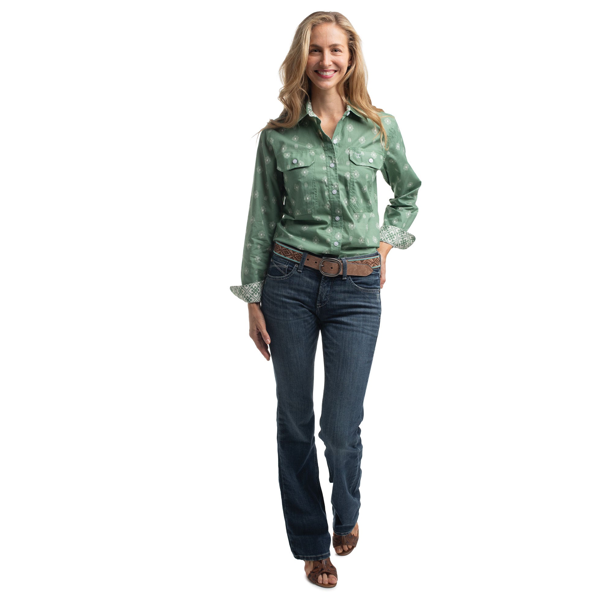 Just Country Womens Abbey Full Button L/S Print Shirt (WWLS2638) Eucalyptus & White Print