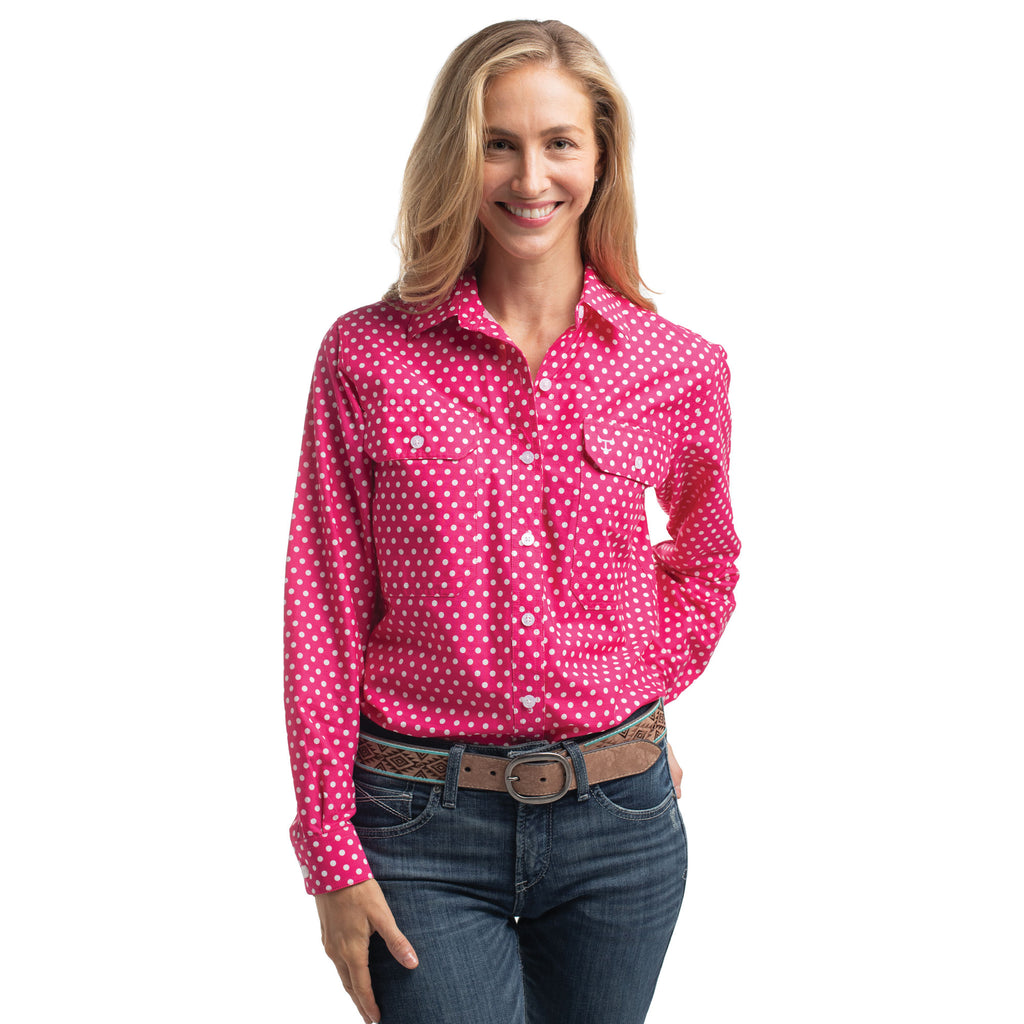 Just Country Womens Abbey Full Button L/S Print Shirt (WWLS2642) Raspberry & White Polka Dots