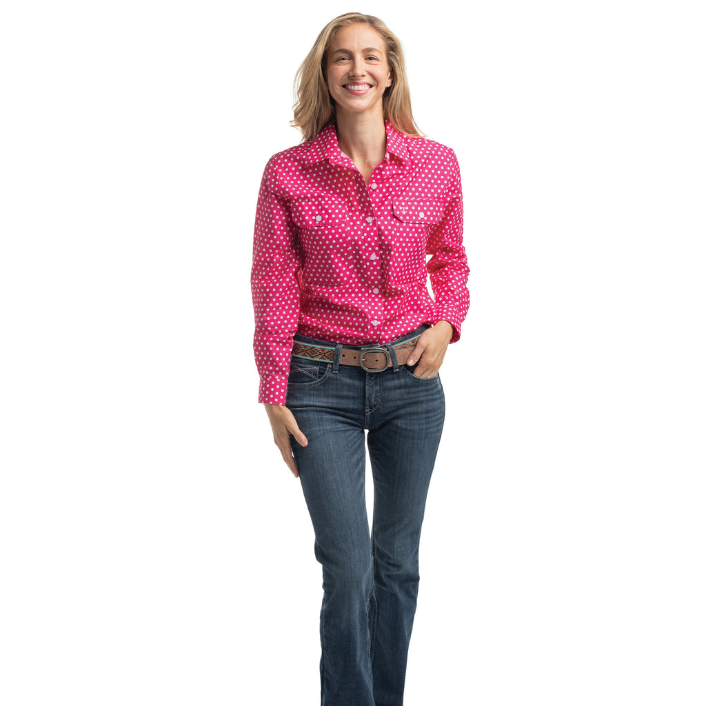 Just Country Womens Abbey Full Button L/S Print Shirt (WWLS2642) Raspberry & White Polka Dots