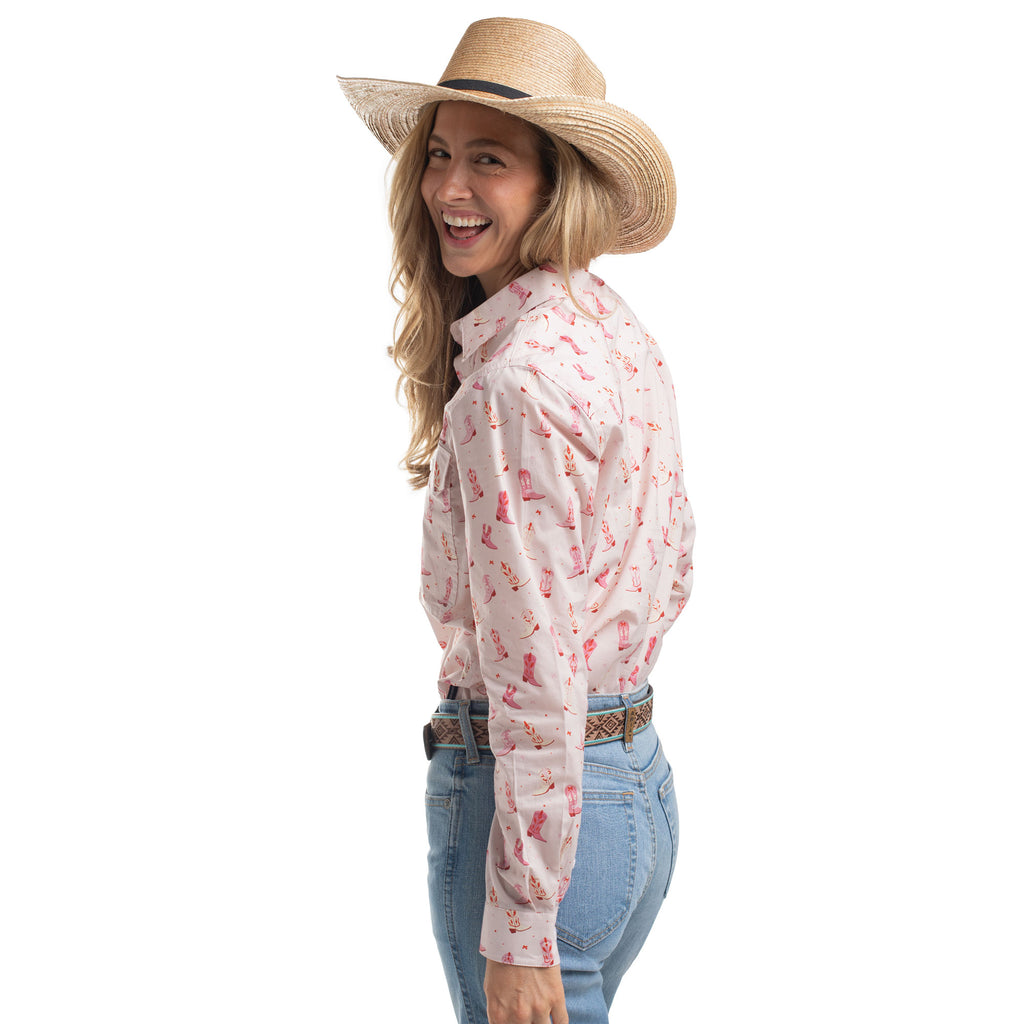 Just Country Womens Georgie Half Button L/S Print Shirt (WWLS2644) Baby Pink Boots