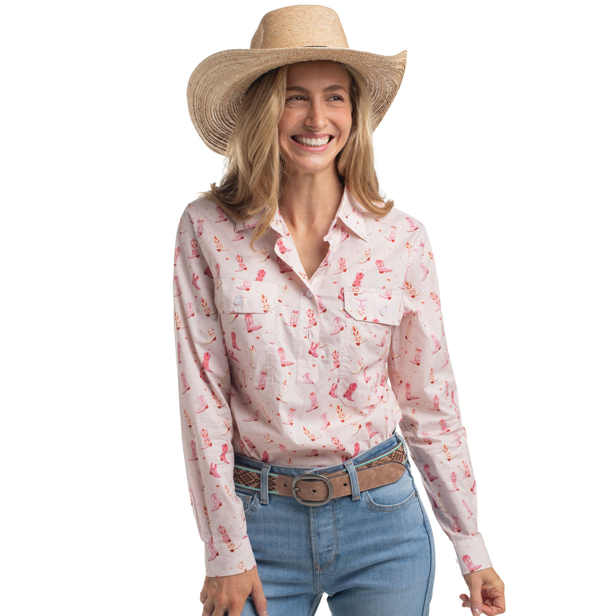 Just Country Womens Georgie Half Button L/S Print Shirt (WWLS2644) Baby Pink Boots