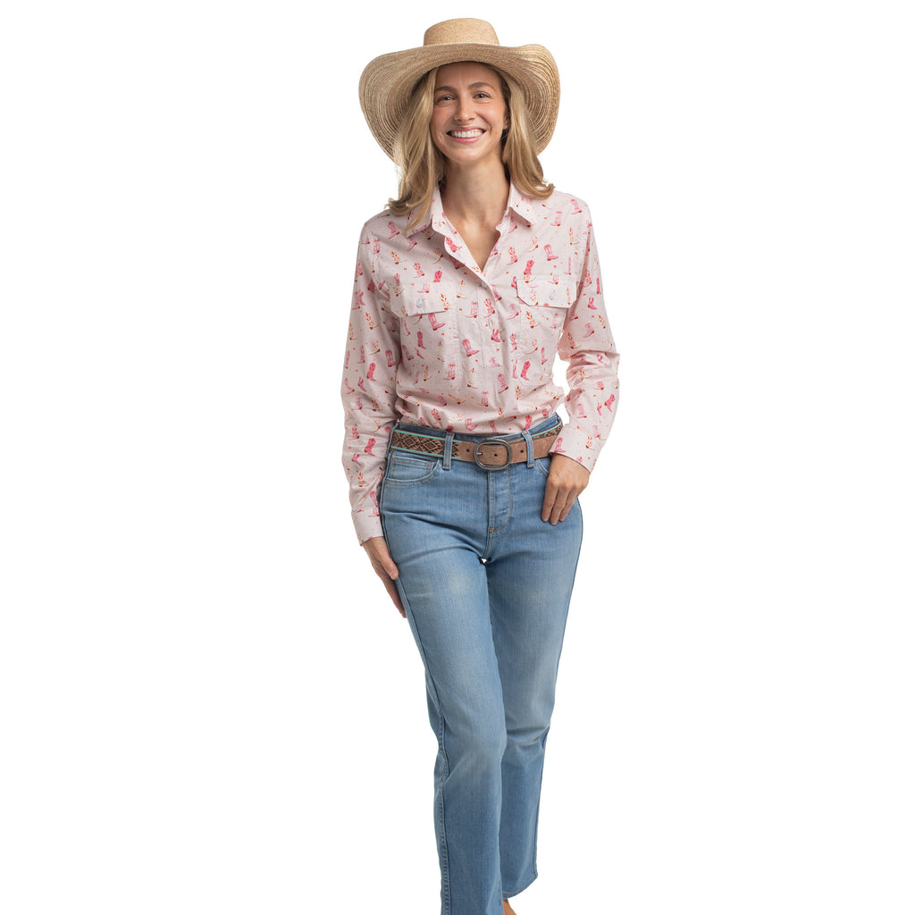 Just Country Womens Georgie Half Button L/S Print Shirt (WWLS2644) Baby Pink Boots