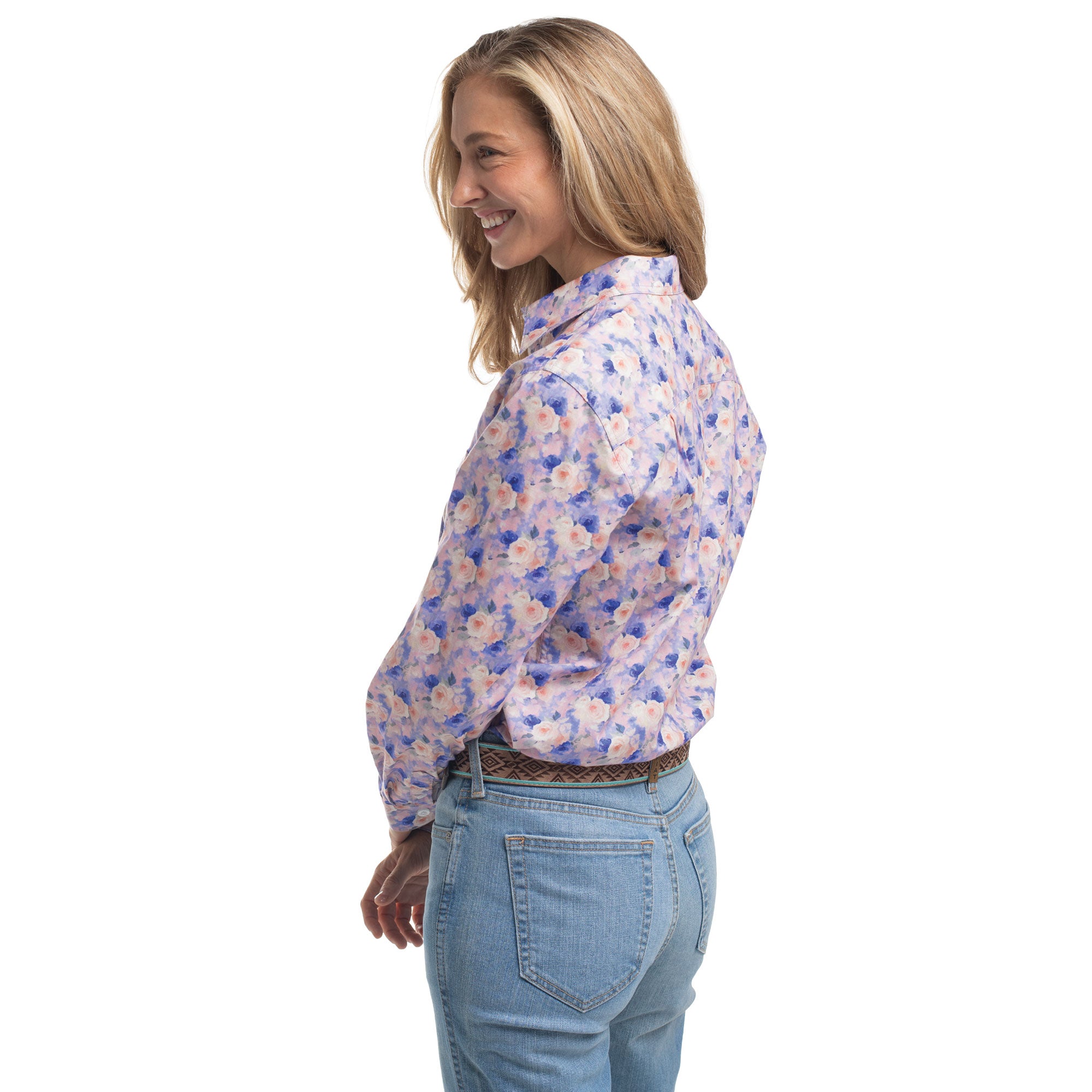 Just Country Womens Georgie Half Button L/S Print Shirt (WWLS2645) Blue & Pink Watercolour Roses