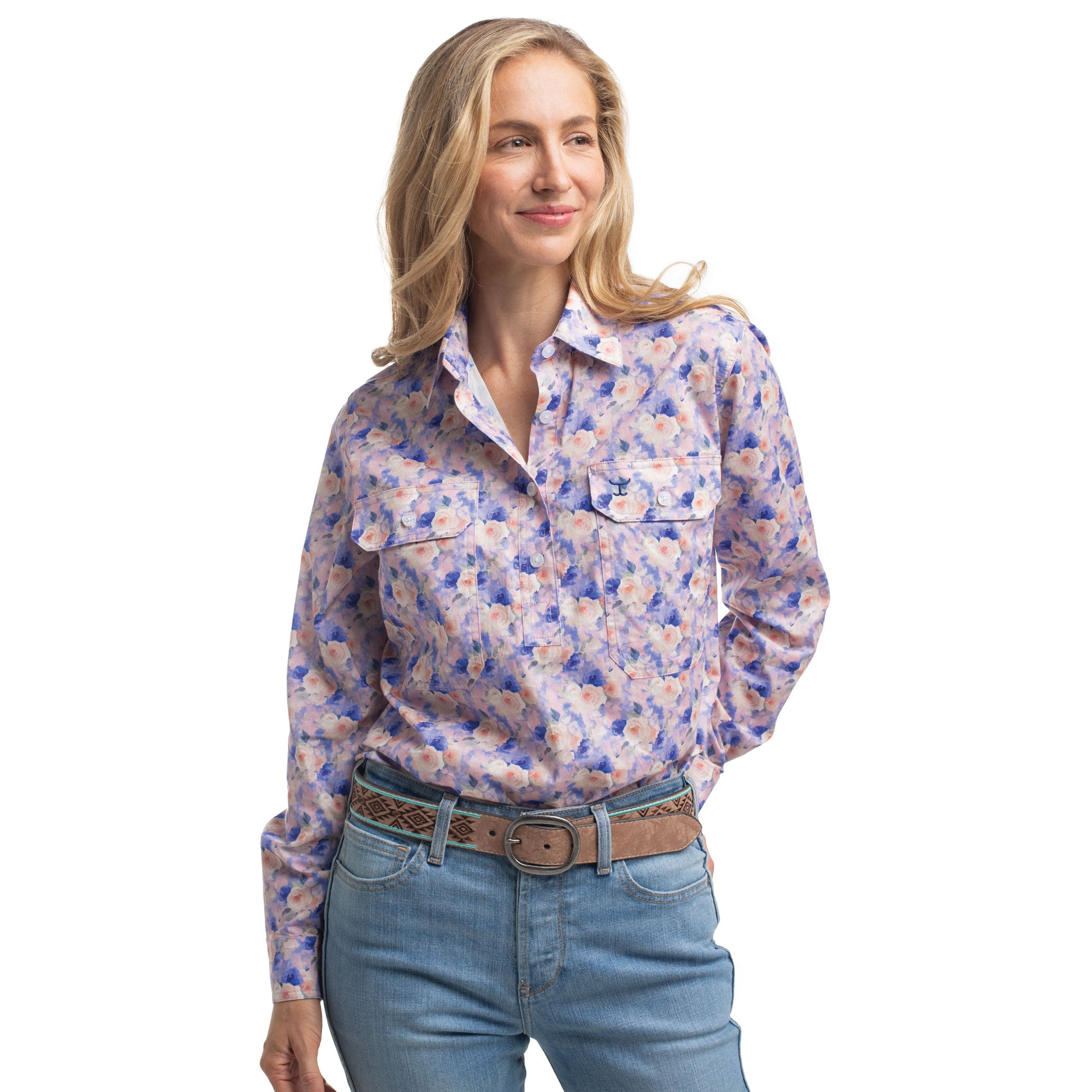 Just Country Womens Georgie Half Button L/S Print Shirt (WWLS2645) Blue & Pink Watercolour Roses