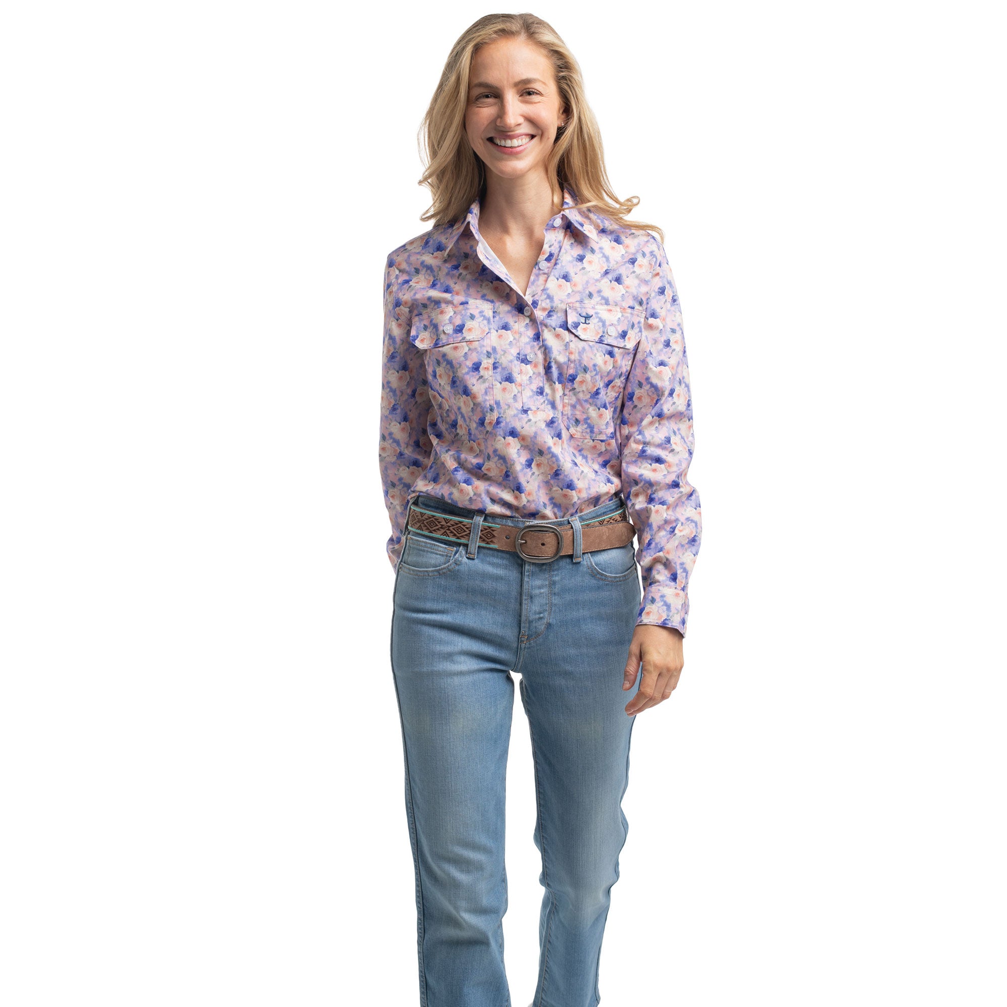 Just Country Womens Georgie Half Button L/S Print Shirt (WWLS2645) Blue & Pink Watercolour Roses