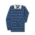 The R.M.Williams Mens Albany Stripe Rugby (KR200RJ17) in vintage blue, made from Australian cotton, features long sleeves, a classic striped design, white collar, and a red embroidered logo on the chest. Laid flat on a white background.