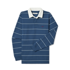 The R.M.Williams Mens Albany Stripe Rugby (KR200RJ17) in vintage blue, made from Australian cotton, features long sleeves, a classic striped design, white collar, and a red embroidered logo on the chest. Laid flat on a white background.