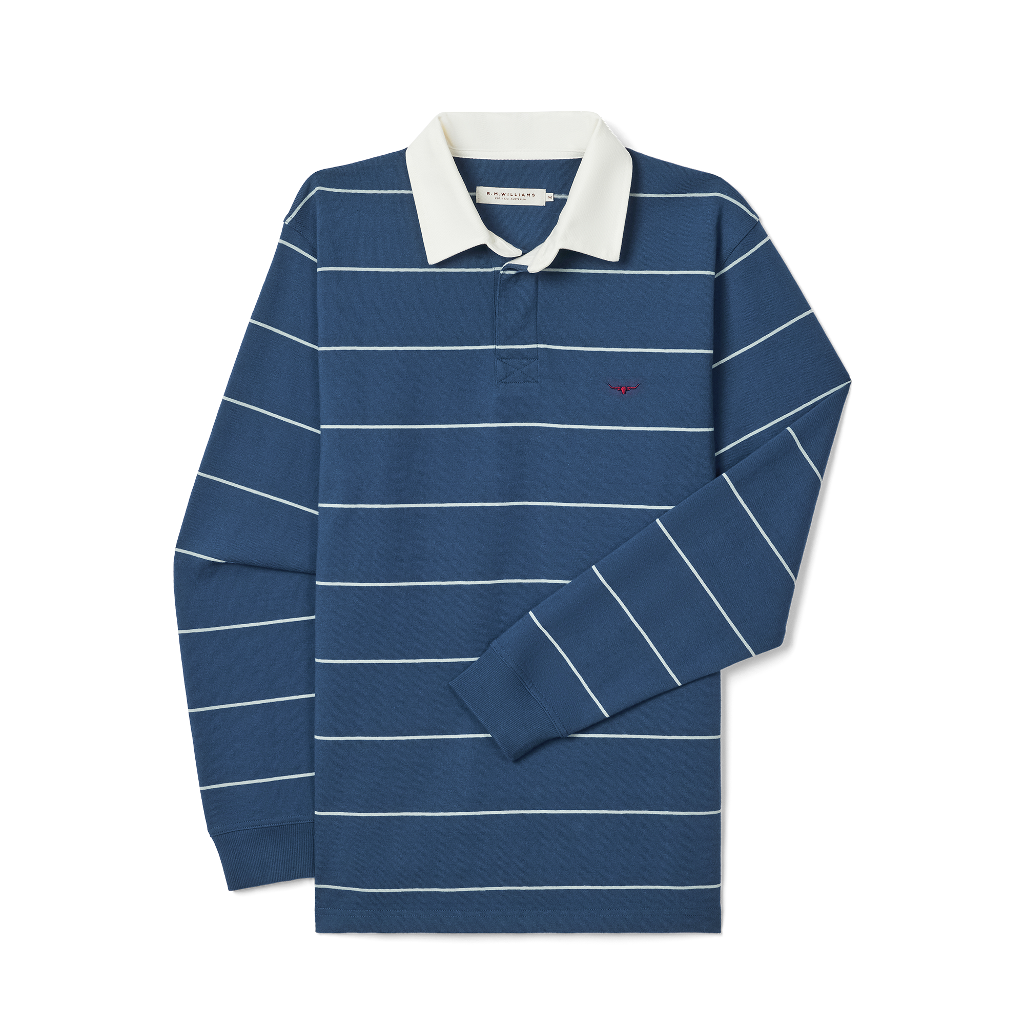 The R.M.Williams Mens Albany Stripe Rugby (KR200RJ17) in vintage blue, made from Australian cotton, features long sleeves, a classic striped design, white collar, and a red embroidered logo on the chest. Laid flat on a white background.