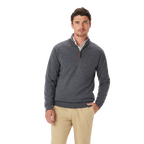 A man with short brown hair wears the R.M.Williams Mens Ernest Merino 1/4 Zip Knit (KZ200WQ16) in Grey Marle over a collared shirt and khaki pants, standing against a plain white background and looking at the camera neutrally.