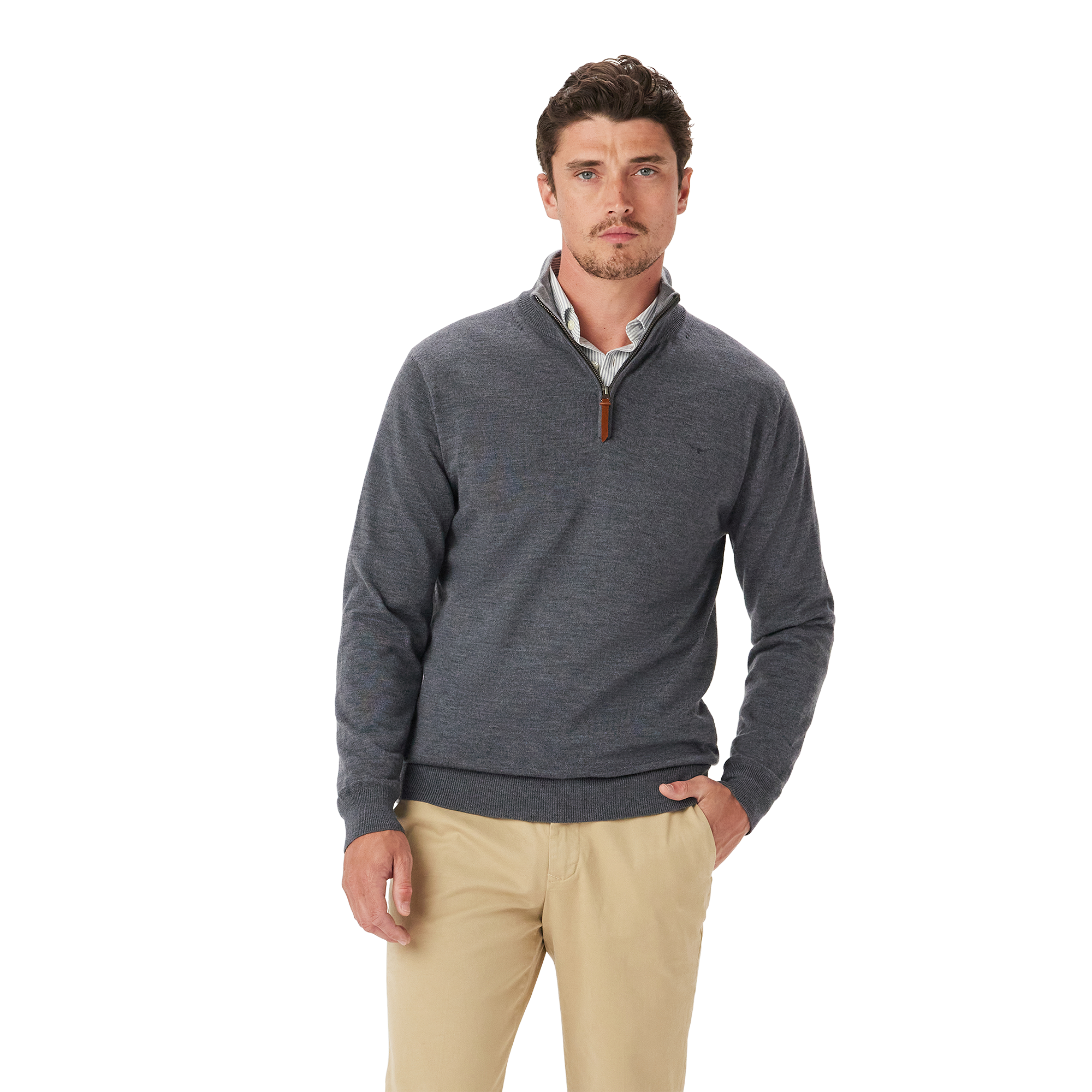 A man with short brown hair wears the R.M.Williams Mens Ernest Merino 1/4 Zip Knit (KZ200WQ16) in Grey Marle over a collared shirt and khaki pants, standing against a plain white background and looking at the camera neutrally.