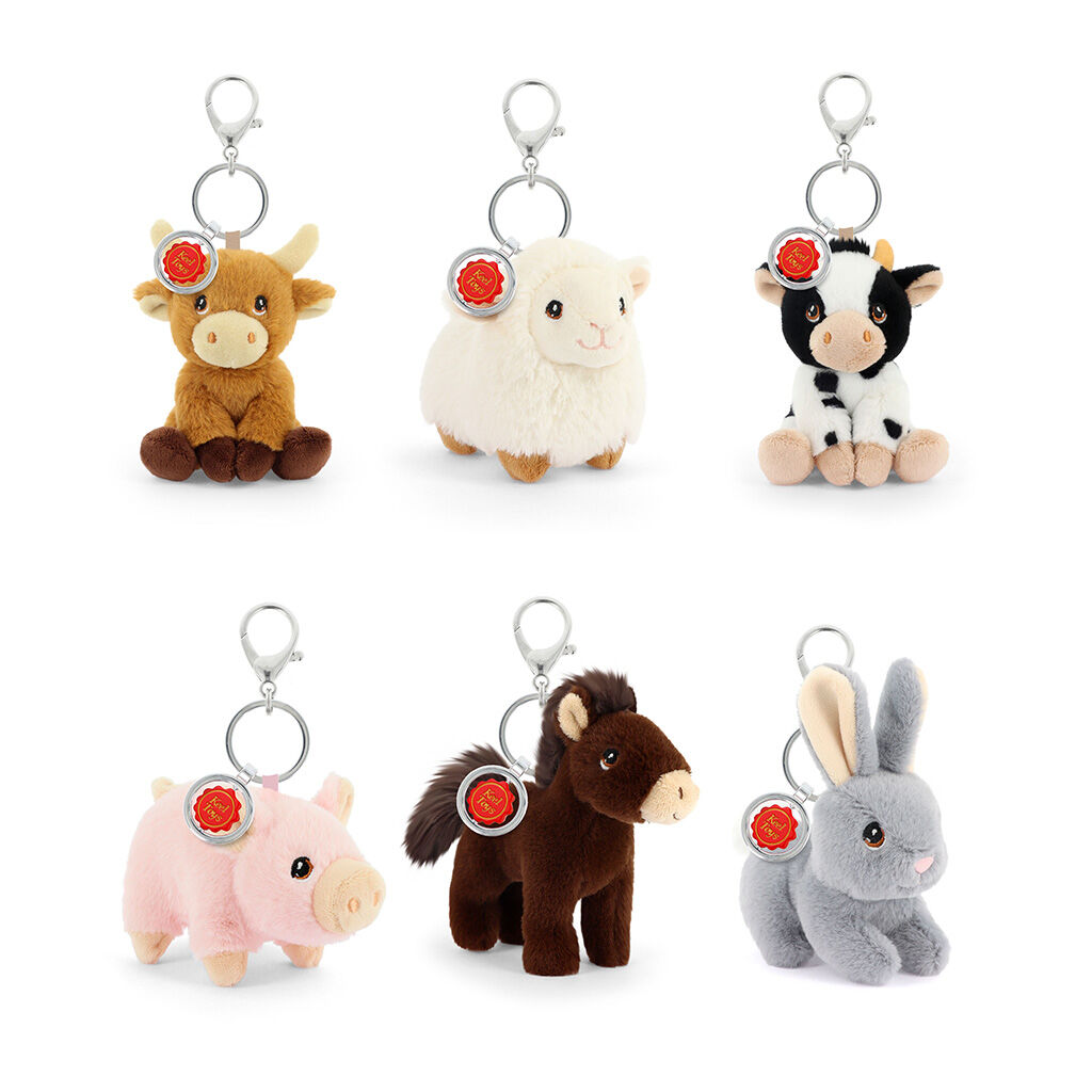 Six soft toy keyrings with spring clips and split rings, each with a different farm animal, including a highland cow, a sheep, a black and white cow, a pig, a horse and a rabbit. Keeleco Bag Charm Farm Assorted 12cm (47C0120004)