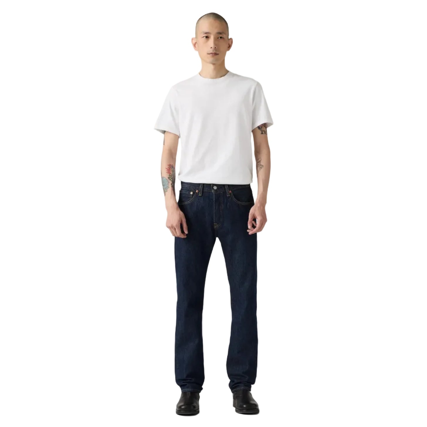 Levi's 501 Original Straight Fit Jeans (00501-0115) Rinse Full Length Front White Tee Tucked View