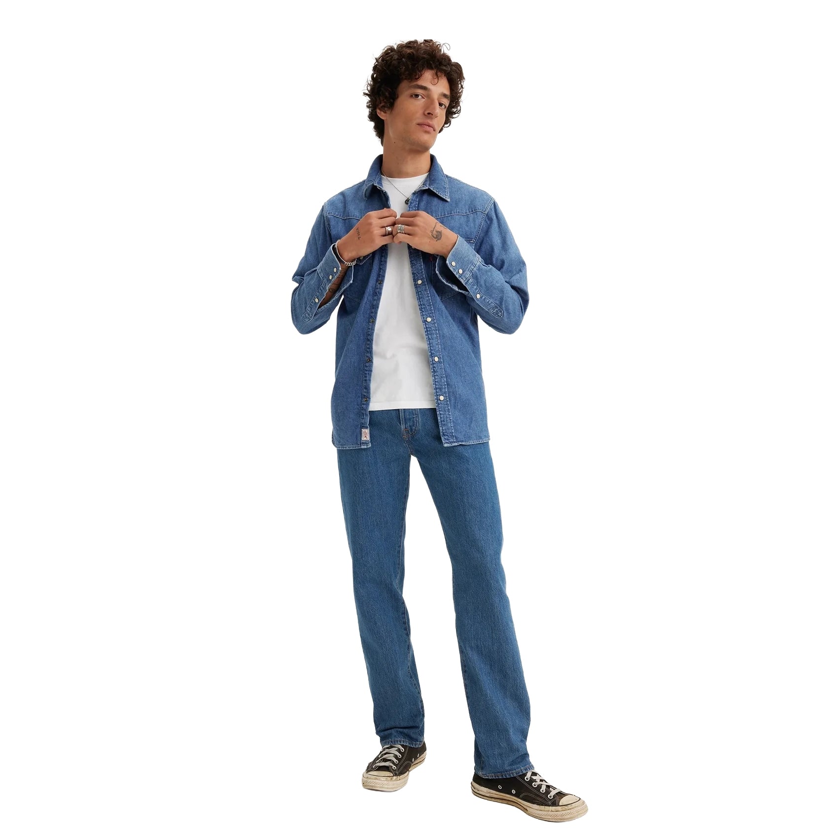 Levi's Men's 501 Original Straight Fit Jeans (00501-0193) Medium Stonewash Full Length with Shirt over Tee