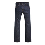A flat lay of a pair of dark blue rinse Levi's Men's 517 Heritage Bootcut Jeans (00517-0216), against a solid white background.