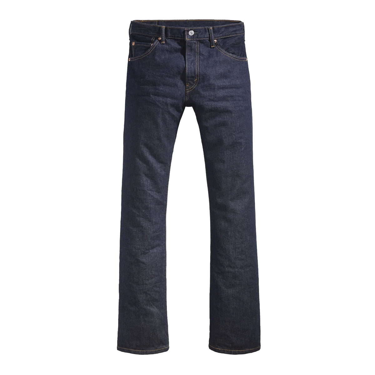 A flat lay of a pair of dark blue rinse Levi's Men's 517 Heritage Bootcut Jeans (00517-0216), against a solid white background.