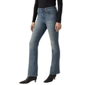 A person wearing Levi's Womens 725 High Rise Bootcut Jeans (18759-0121) Tore It Up No DX, a black long-sleeve top, and black heeled ankle boots stands against a white background.
