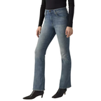 A person wearing Levi's Womens 725 High Rise Bootcut Jeans (18759-0121) Tore It Up No DX, a black long-sleeve top, and black heeled ankle boots stands against a white background.
