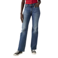 A person wearing Levi's Womens Superlow Jeans (A4679-0043) Darted Denim, a red top, and black-and-white sneakers stands with one hand in their pocket against a white background.