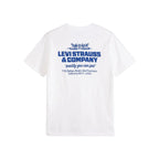 A white short-sleeve t-shirt shown from the back, featuring a blue graphic print of the Levi's 'Levi Strauss & Company' logo and address on the upper back, set against a white background.