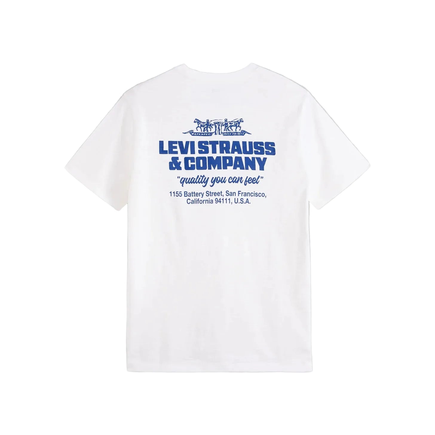 A white short-sleeve t-shirt shown from the back, featuring a blue graphic print of the Levi's 'Levi Strauss & Company' logo and address on the upper back, set against a white background.
