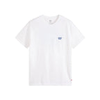 A white short-sleeve crewneck t-shirt with a small blue graphic on the left chest, displayed flat against a white background.