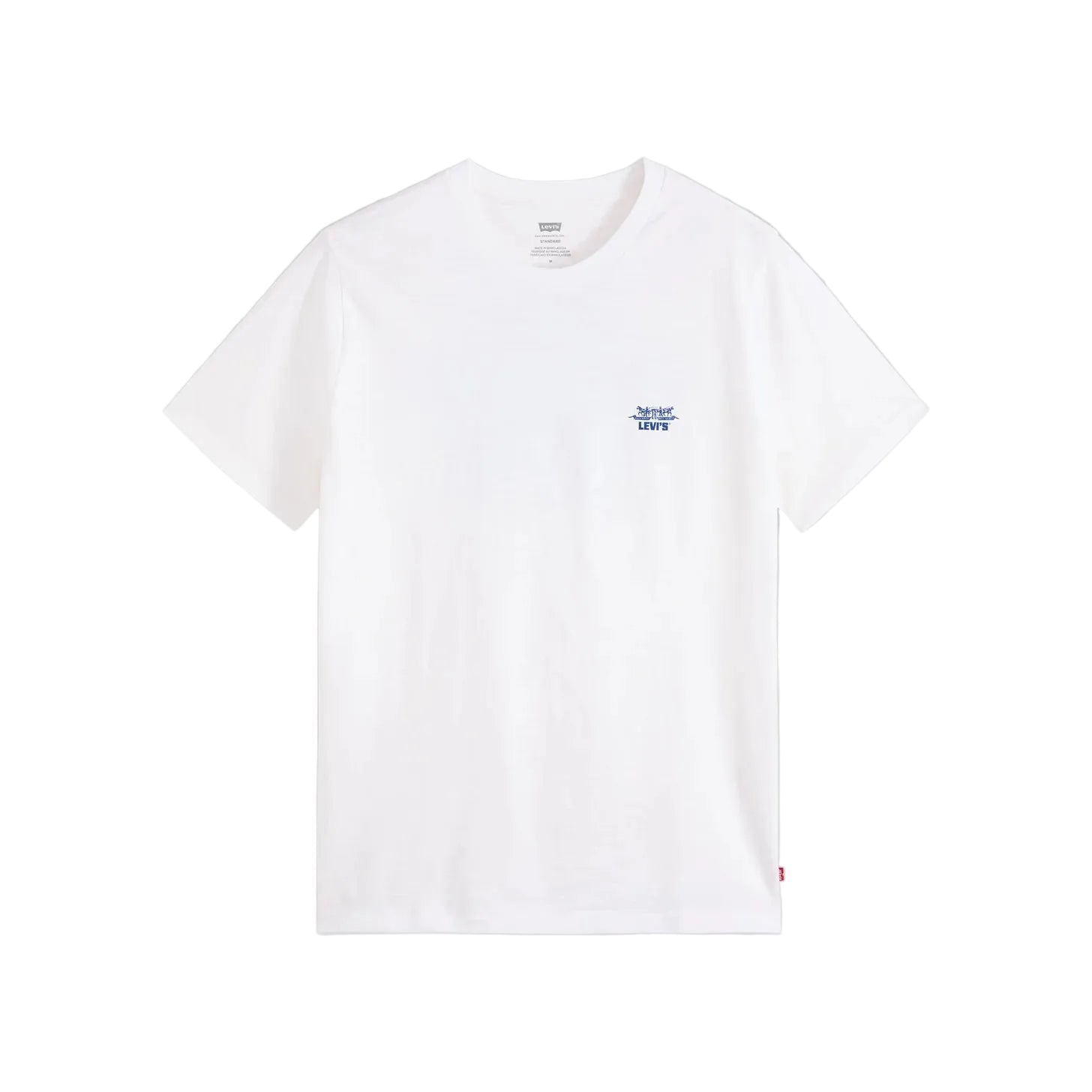 A white short-sleeve crewneck t-shirt with a small blue graphic on the left chest, displayed flat against a white background.